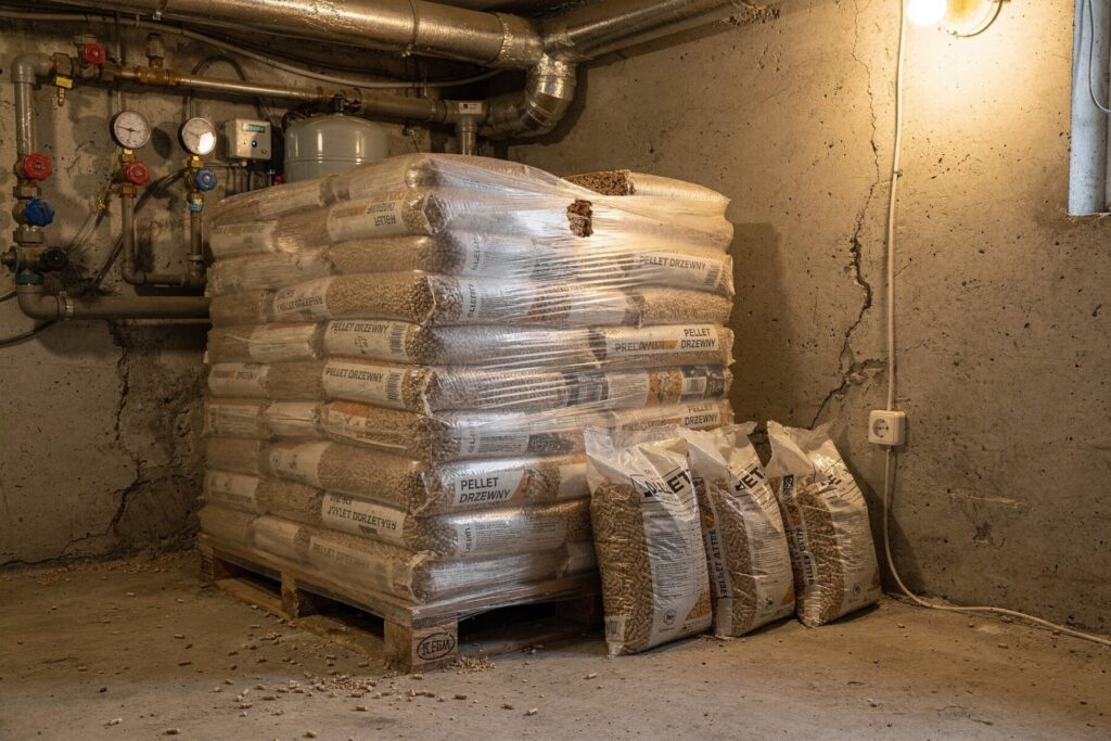 Zestaw work&oacute;w z pelletem drzewnym na palecie w piwnicy, idealny do ogrzewania. Pellets z dostawą, zapewniające wydajne i ekologiczne źr&oacute;dło energii. - Aleksandr&oacute;w Ł&oacute;dzki