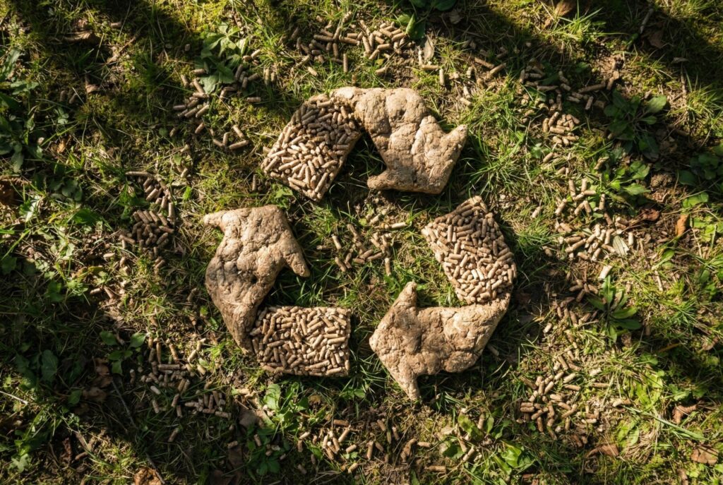 Głowno - Znak recyklingu utworzony z pelletu drzewnego na zielonej trawie, symbolizujący zr&oacute;wnoważony rozw&oacute;j i ekologiczną produkcję pelletu z dostawą.