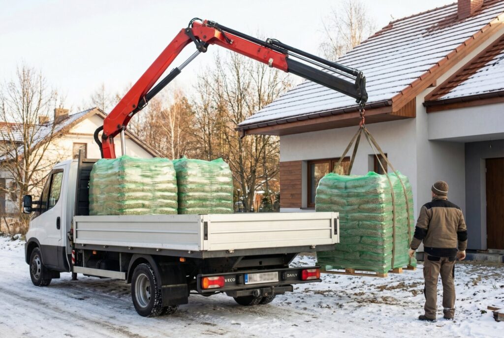 Ozorków - Kierowca ładujący worki z pelletami drzewnymi na samochód dostawczy, zima, śnieg. Widoczny transport pelletu z dostawą pod dom.