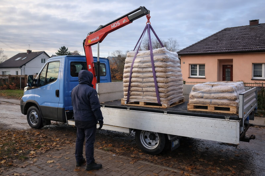 Dostawa pelletu drzewnego za pomocą samochodu dostawczego, widać paletę z workami pelletu przygotowanego do transportu. - Rzg&oacute;w