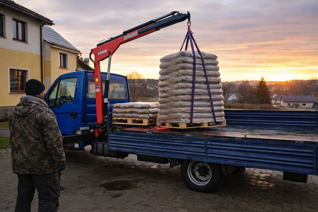 Koluszki - Kierowca opuszcza paletę z workami pelletu drzewnego na teren posesji, przygotowując dostawę pelletu z dostawą. W tle widać zach&oacute;d słońca.