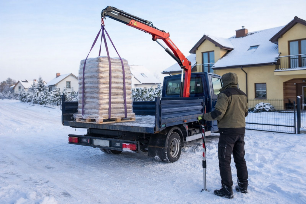 Nowosolna - Kierowca dostarczający pellet drzewny za pomocą dźwigu, z paletą work&oacute;w na samochodzie, w zimowym krajobrazie.