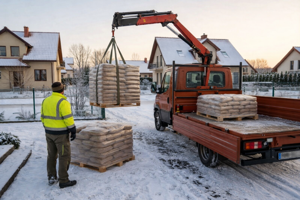 Dostawa pelletu drzewnego, gdy kierowca używa dźwigu do załadunku worków z peletem na samochód dostawczy. Zimowa sceneria otaczająca domy, co podkreśla sezonową popularność paliwa ekologicznego. - Ozorków