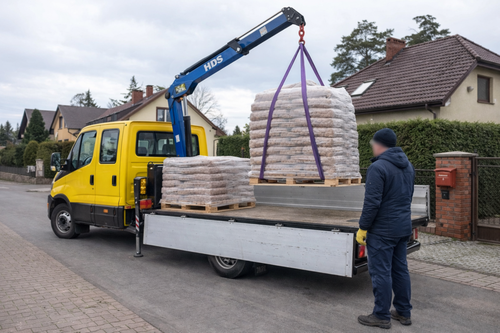 Stryk&oacute;w - Kierowca dostarczający pellet drzewny za pomocą dźwigu na trucku, przygotowując się do rozładunku paczek z pelletu z dostawą do klienta.
