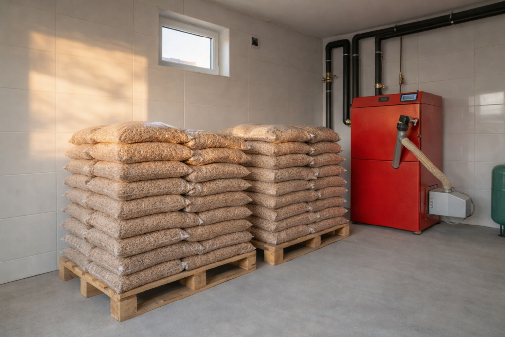 Stosiki work&oacute;w z pelletem drzewnym na paletach w kotłowni, obok pieca na pellet, zapewniającego efektywne ogrzewanie. Dostawa pelletu w wygodnych opakowaniach dla komfortu użytkownik&oacute;w. - Zgierz
