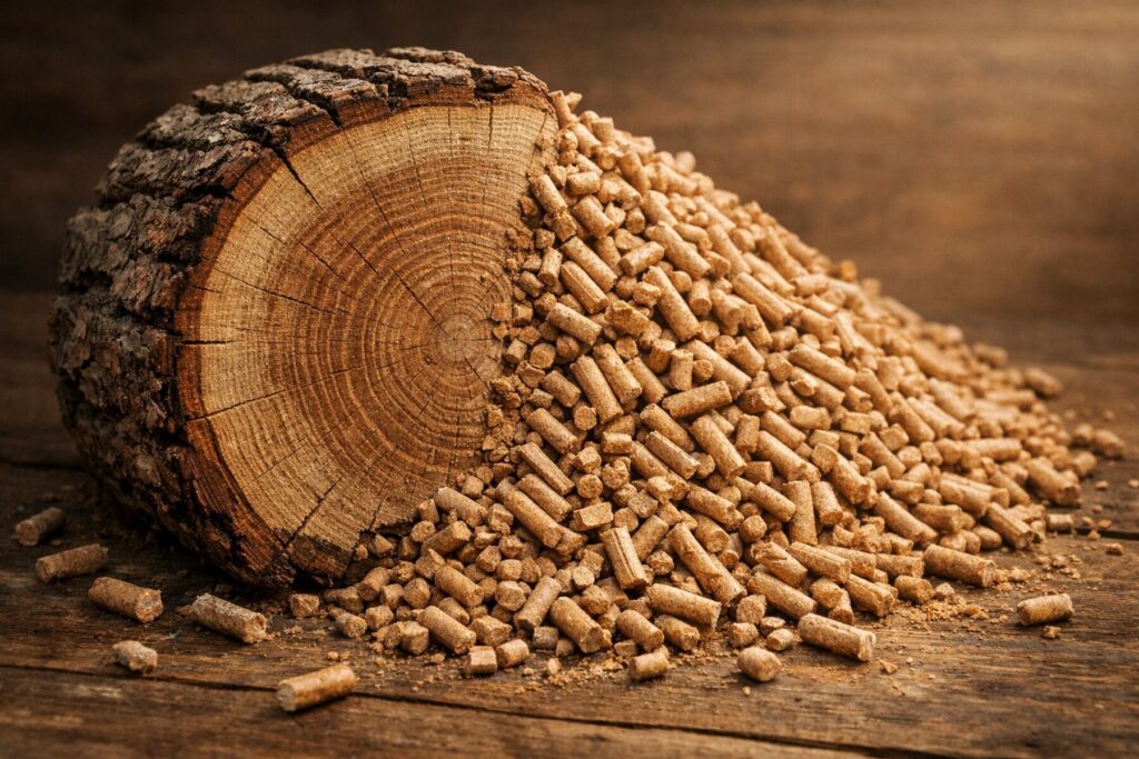 Aleksandr&oacute;w Ł&oacute;dzki - Zdjęcie przedstawia kawałek drewna obok stosu pelletu drzewnego, idealnego do ogrzewania. Pellet z dostawą to wygodne rozwiązanie dla każdego domu.