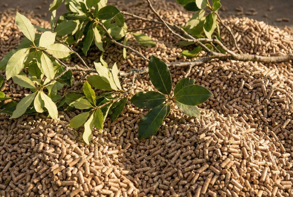 Parzęczew - Pellet drzewny leżący na ziemi, otoczony świeżymi liśćmi, idealny do ekologicznego ogrzewania. Możliwość zakupu i dostawy pelletu z lokalnych źródeł.
