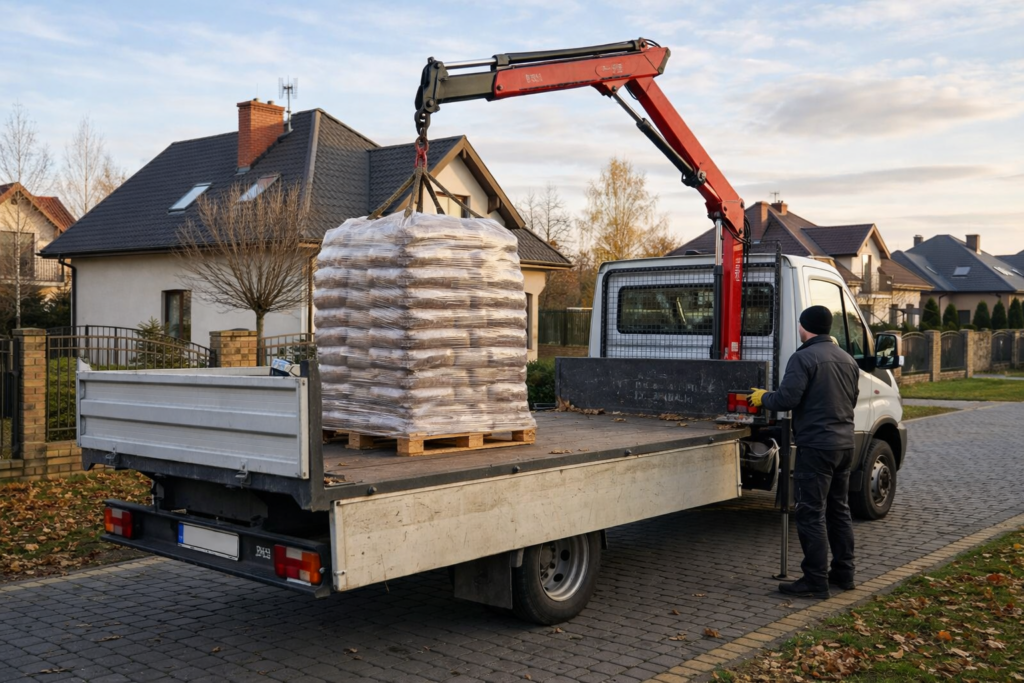 Zdjęcie przedstawia samoch&oacute;d dostawczy z podnośnikiem, na kt&oacute;ry załadowane są palety z pelletem drzewnym. Proces dostawy pelletu odbywa się w okolicy dom&oacute;w jednorodzinnych, co podkreśla lokalną dostępność pelletu z dostawą. - Głowno