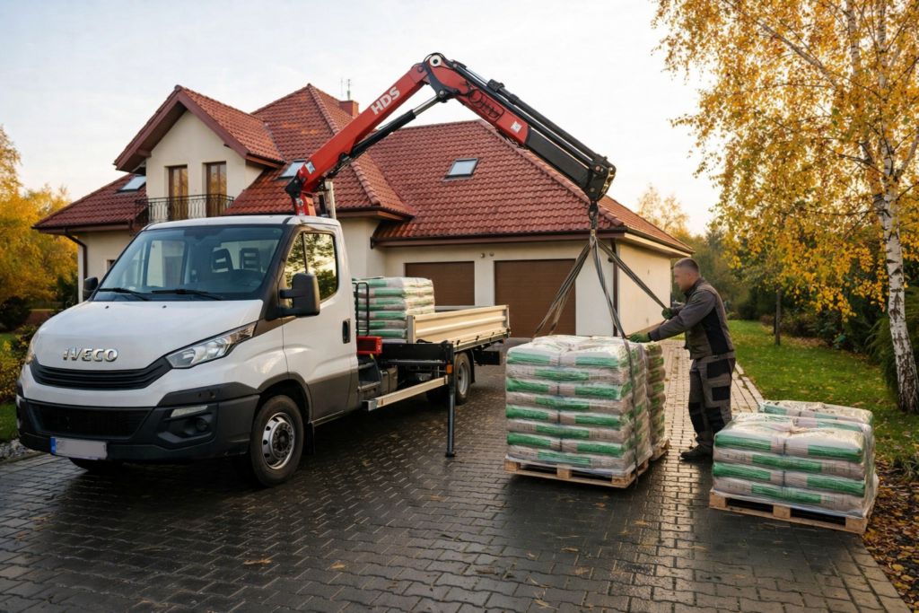 Ozorków - Załadunek pelletu drzewnego z dostawą do domu. Pracownik przy samochodzie dostawczym przygotowuje paczki pelletu na paletach, w tle widać dom jednorodzinny w otoczeniu drzew.