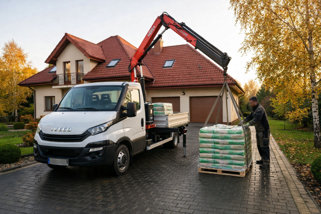 Dostawa pelletu drzewnego do domu, z ciężar&oacute;wki z podnośnikiem, zapewniająca wygodny transport opału na sezon grzewczy. - Aleksandr&oacute;w Ł&oacute;dzki