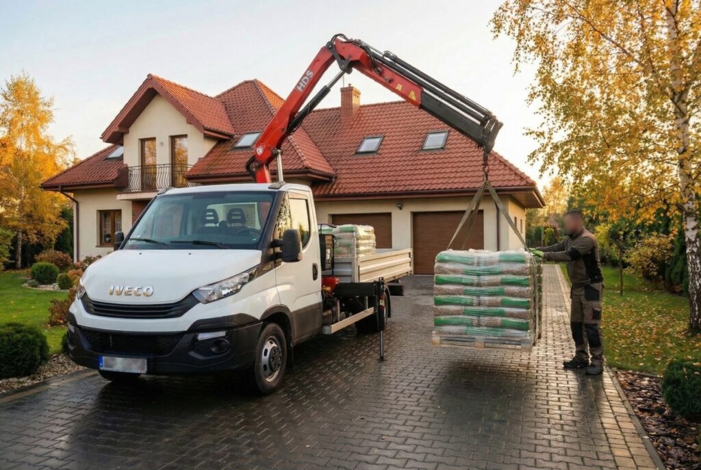 Dostawa pelletu drzewnego do domu za pomocą dźwigu, pokazująca samoch&oacute;d dostawczy z załadunkiem work&oacute;w z pelletem na podjeździe. - Tuszyn