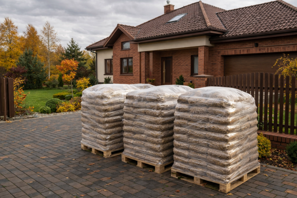 Andrespol - Stosy worków z pelletem drzewnym na paletach przed nowoczesnym domem, idealne do ogrzewania i ekologicznych rozwiązań grzewczych. Pellet z dostawą dostępny dla klientów szukających wydajnego paliwa.