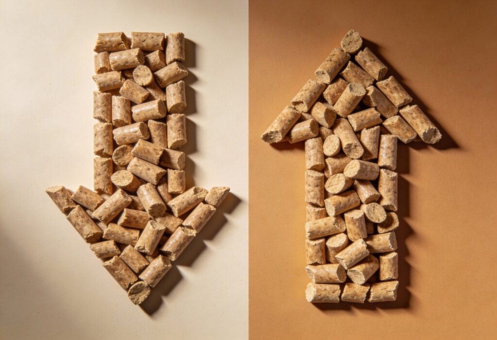 Koluszki - Pellet drzewny ułożony w kształcie strzałek, symbolizujący dostawę i efektywność. Pellets przedstawione na tle w dw&oacute;ch kolorach, podkreślają ich zastosowanie jako ekologiczne paliwo do ogrzewania.