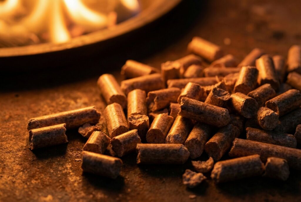 Zgierz - Pellet drzewny leżący na stole w pobliżu paleniska, idealny do ekologicznego spalania i ogrzewania. Pellet z dostawą, dostępny w r&oacute;żnych opakowaniach, zapewnia komfort użytkowania i efektywność energetyczną.